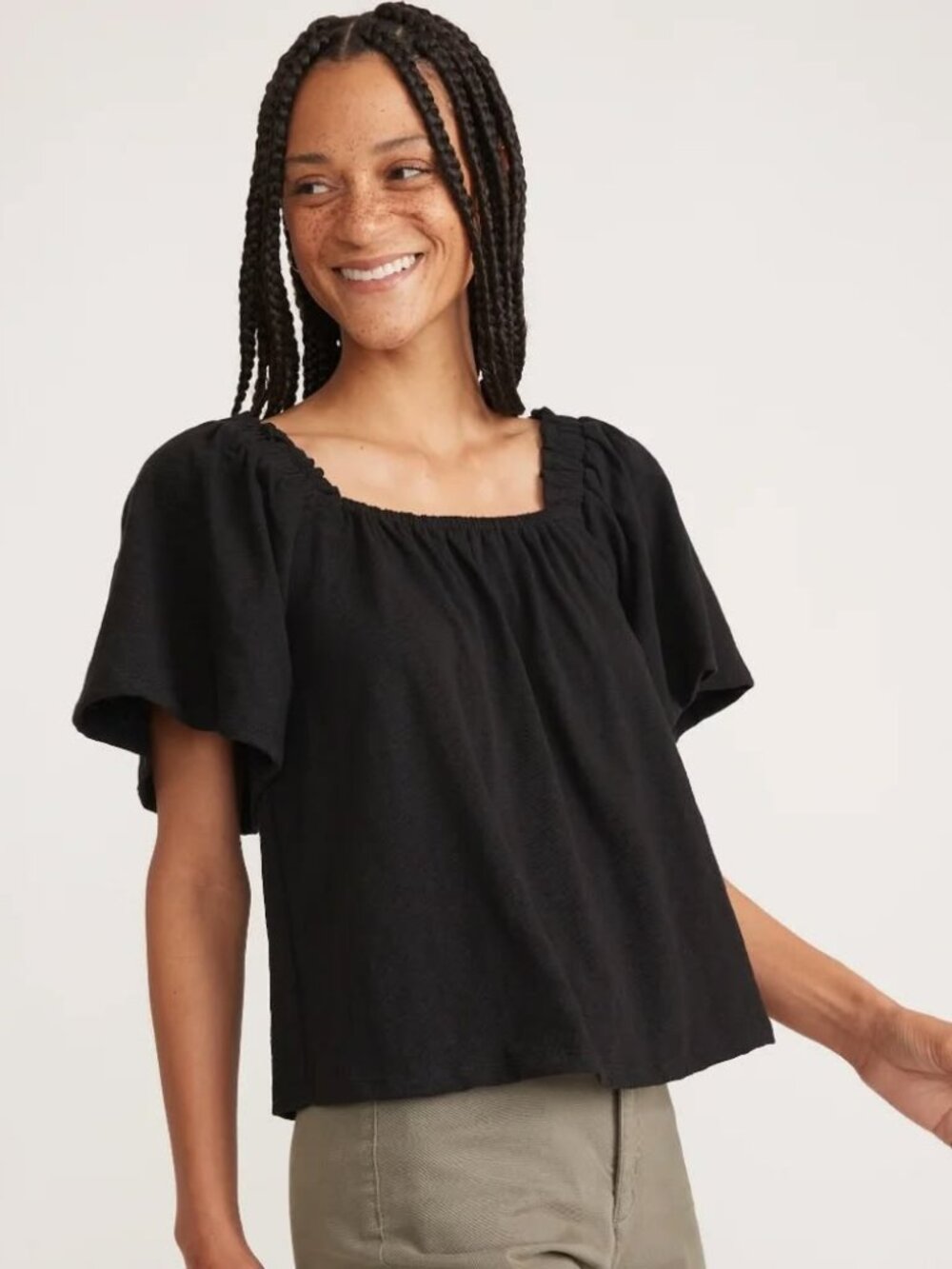 Marine Layer Constance Square Neck Shirt Top Black Flutter Sleeve Size XL
